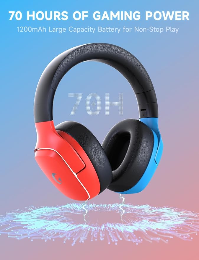 2.4GHz Wireless Gaming Headset for Switch/Lite/OLED - Bluetooth 5.3 Gaming Headphones with 7.1 Surround Sound for Fortnite, 50mm Speakers, 70H Battery, Blue Lighting - BlueRed