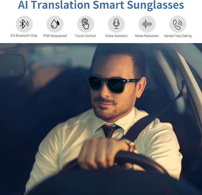 AI Translator Smart Glasses for Women Men, Bluetooth Audio Sunglasses with UV400 Polarized Lenses, Photo Translation, No Subscription，Real-Time Translation(160+Languages) for Travel Business (Black)