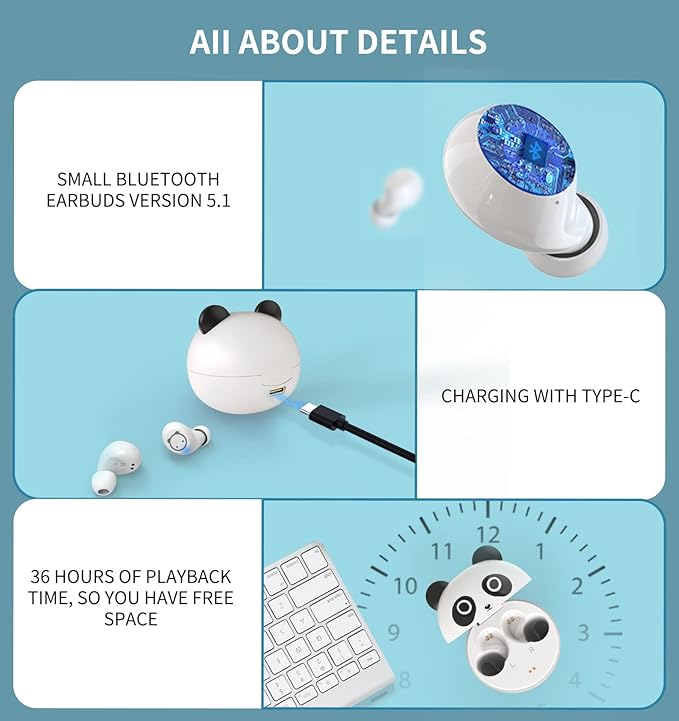 Kids Wireless Earbuds, Bluetooth 5.0 with Microphone Noise Reduction and Panda Charging Case,Cute Headphone 36H Playtime IPX5 Waterproof Touch Control,HiFi Stereo Earphone for tv/pad/Phone.