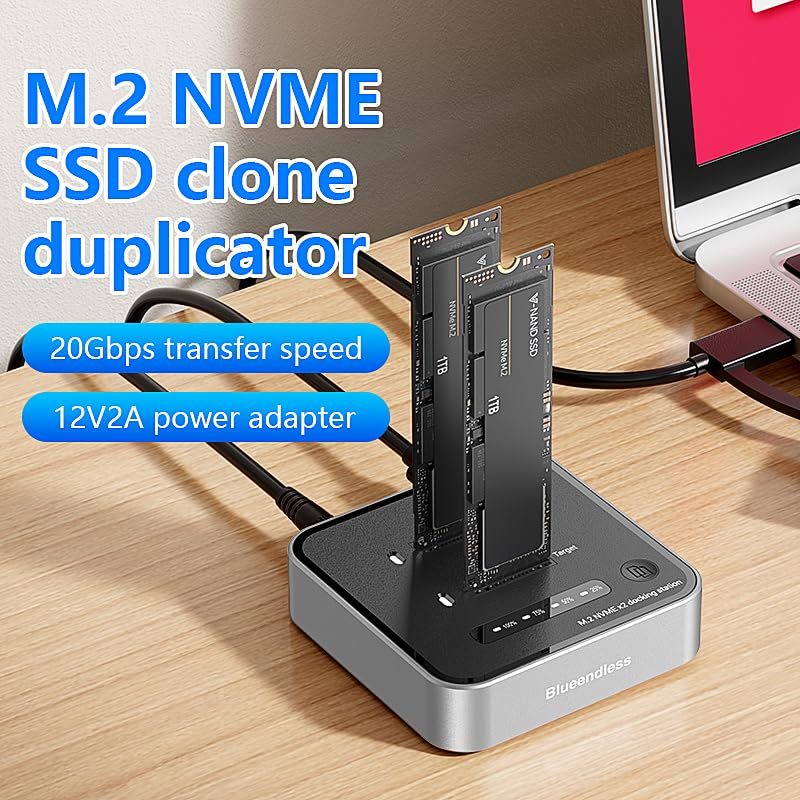 M.2 Duplicator Dual Bay NVMe SSD Cloner with USB-C, 20Gbps USB 3.2 Gen 2X2 Tool-Free M Key PCIE NVMe SSD Reader Docking Station
