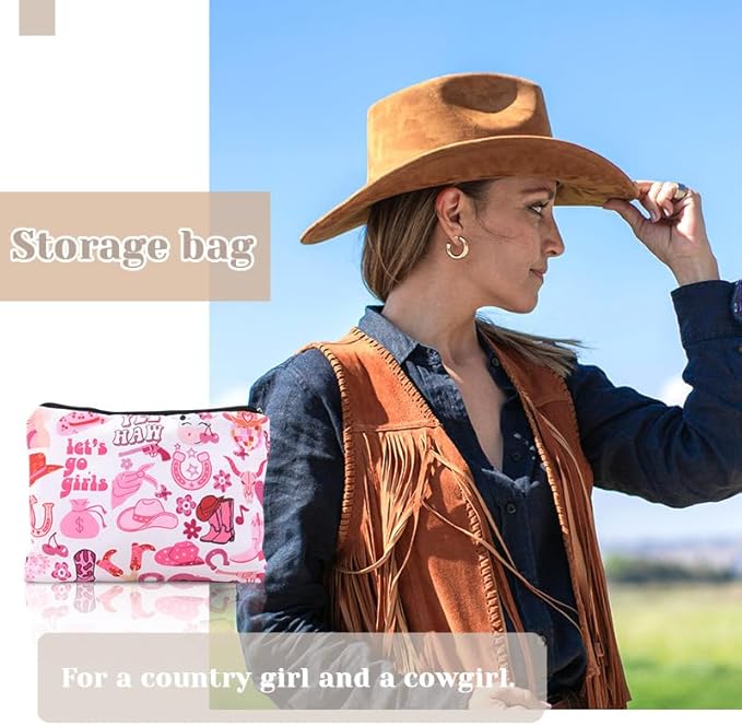 Lets Go Girls cosmetic Bag for Teens Cowgirls Country Girl Birthday Christmas Gifts for Women Girls Friend Bestie Sister Pink Western Makeup Bag Organizer Travel Pouch for Makeup Chargers