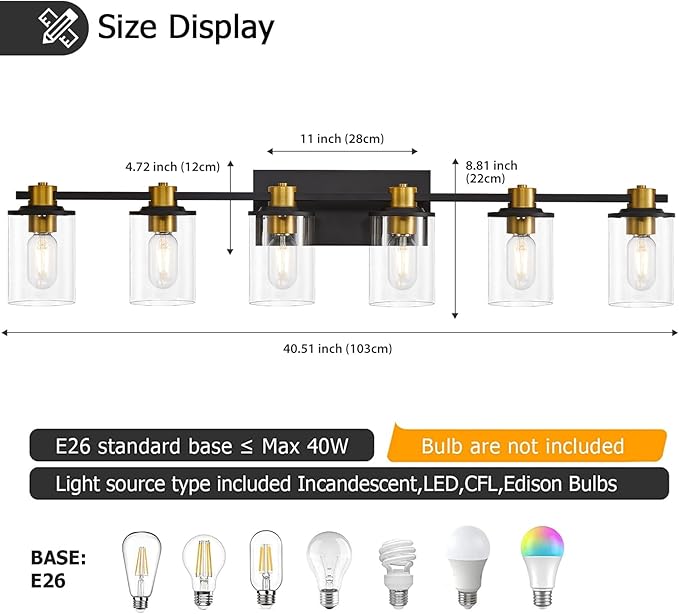 Bathroom Vanity Light, 6 Light Black and Gold Bathroom Light Fixtures, Sconces Wall Lighting with Clear Glass Shade, Modern Brushed Gold Vanity Lighting fixtures for Bathroom, Bedroom, Hallway