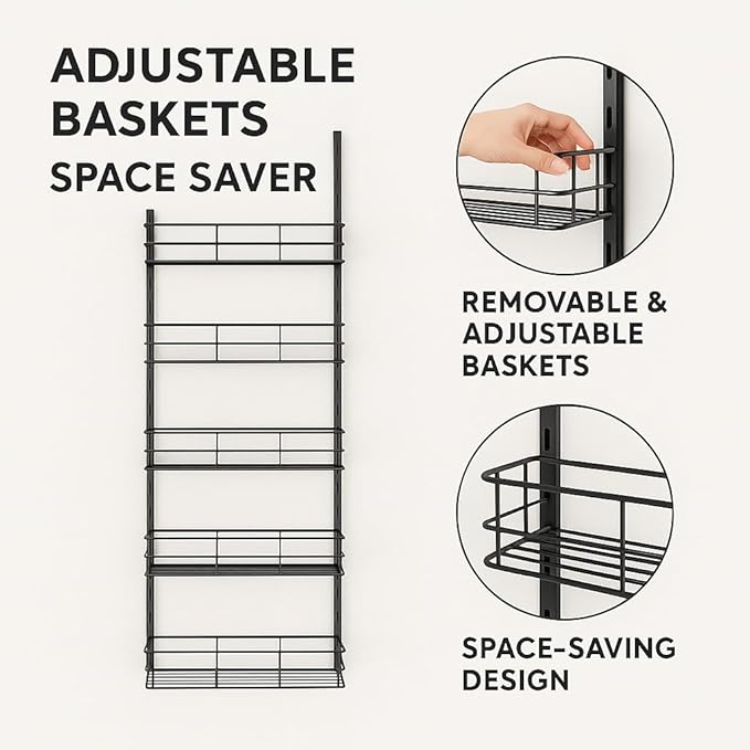 USTECH 6-Tier Heavy Duty Over The Door Pantry Organizer, Metal Hanging Storage Rack with Wired Tubing, Adjustable Shelves for Kitchen, Bathroom, Closet, Space-Saving Design, Black