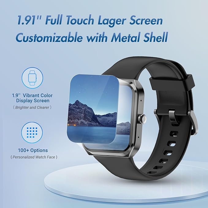 MXQ Fitness Smart Watch for Women Men Android iOS iPhone, 1.91” Large Screen Gun Black Aluminum Case with Black Sport Band, Sleep Tracker, Text and Call, Heart Rate, Blood Oxygen, IP68 Waterproof