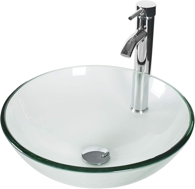 eclife 24" Modern Bathroom Vanity Sink Combo Freestanding Cabinet with Soft Closing Door, Clear Round Glass Vessel Sink, Water Save Faucet, Drain (White+A16)