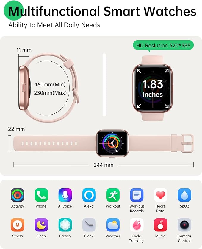 Smart Watches for Women, 1.83" Aleax Bulit-in Smart Watch for Android Phones & iPhones with Calls/Messages/Reminders, 120 Sport Modes Fitness Tracker Watch for Women with Heart Rate/Sleep/SpO2 Monitor