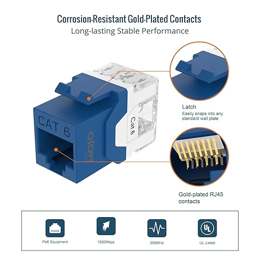 Tecmojo UL Listed 1000 Mbps Cat6 Keystone Jack Insert 25 -Pack, 180 Degree Punch Down RJ45 Keystone Jack Adapter Slim Profile for Patch Panel & Wall Plate, Blue