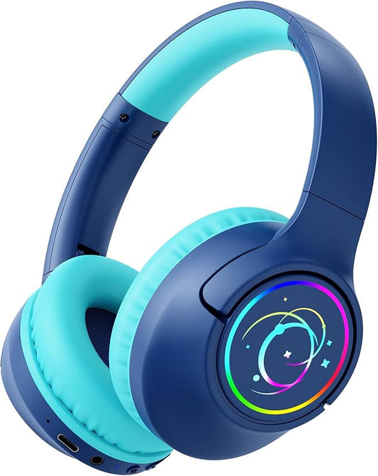 Kids Bluetooth Headphones, 85H Playtime Wireless Headphones for Kids, Colorful LED Lights, 85/94dB Safe Volume Limit, Bluetooth 5.4 Built-in Mic Toddler Headset for Tablet/Airplane (Navy Blue)