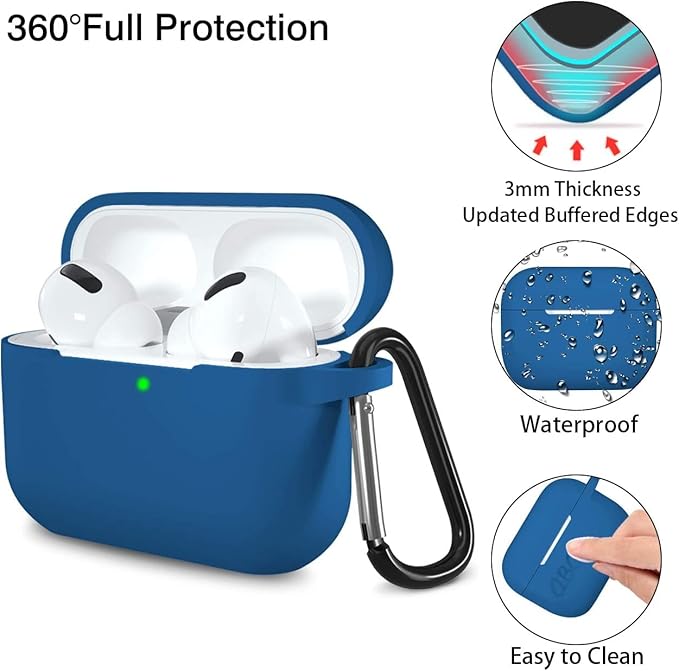 Lerobo Compatible with AirPods Pro Case 2019,Shock-Proof Silicone Skin Full Protective Cover for Airpods Pro 2,Supports Wireless Charging with Durable Carabiner Front LED Visible,Blue