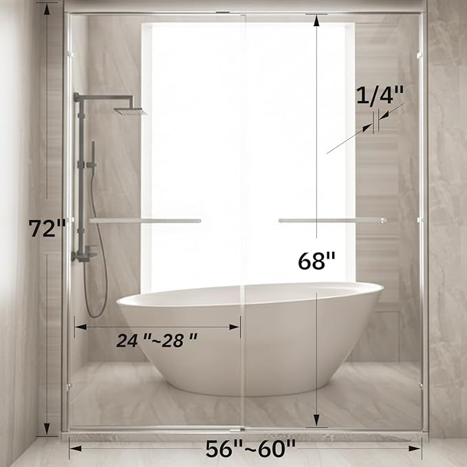 Shower Door 56-60" W x 72" H Semi-Frameless Double Sliding Bathroom Glass Shower Doors for Walk-in Shower with 1/4 inch Clear Tempered Glass, Chrome