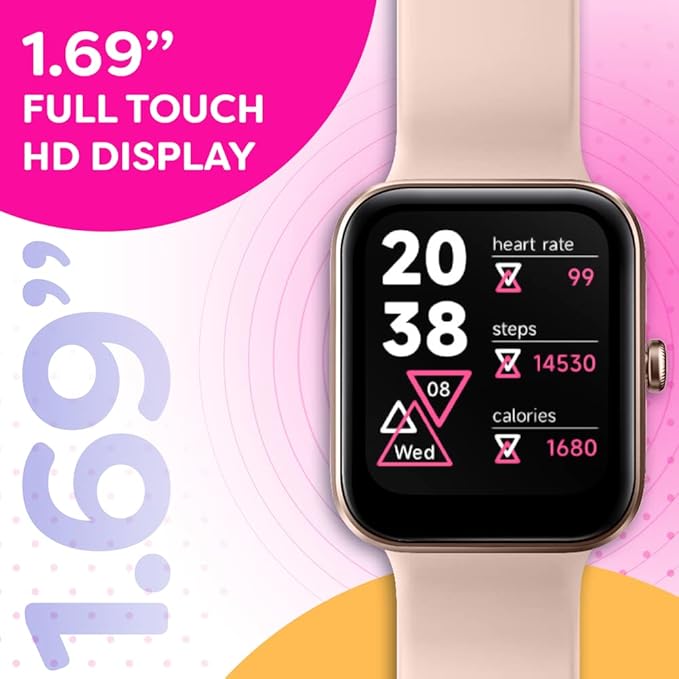 OCTANDRA Go VeryFit 1.69" Smart Watch - Heart Rate Blood Oxygen Saturation Sleep Monitor - Step Counter Pedometer - 5ATM Exercise Activity Fitness Tracker Watches for Men Women (ID207) (Pink)