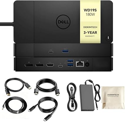 WD19S Dell Docking Station Dual Monitor, Dock Station with 180W Adapter, Cable Storage Bag & DIDKIMTCH Cables, 3-Year Warranty (New)