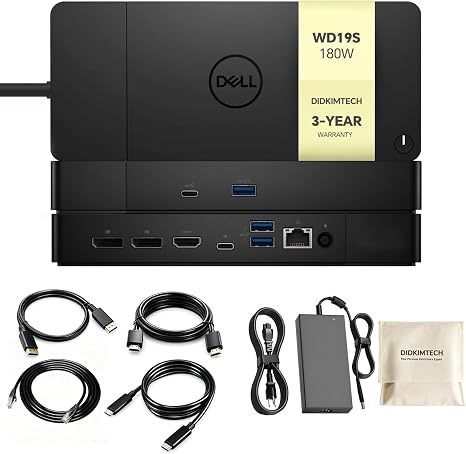 WD19S Dell Docking Station Dual Monitor, Dock Station with 180W Adapter, Cable Storage Bag & DIDKIMTCH Cables, 3-Year Warranty (New)