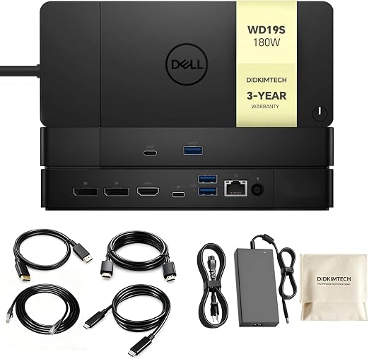 WD19S Dell Docking Station Dual Monitor, Dock Station with 180W Adapter, Cable Storage Bag & DIDKIMTCH Cables, 3-Year Warranty (New)