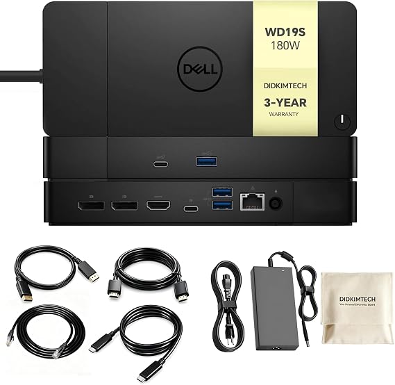 WD19S Dell Docking Station Dual Monitor, Dock Station with 180W Adapter, Cable Storage Bag & DIDKIMTCH Cables, 3-Year Warranty (New)