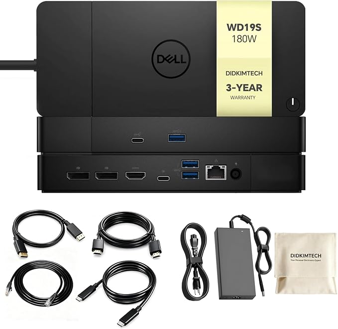 WD19S Dell Docking Station Dual Monitor, Dock Station with 180W Adapter, Cable Storage Bag & DIDKIMTCH Cables, 3-Year Warranty (New)