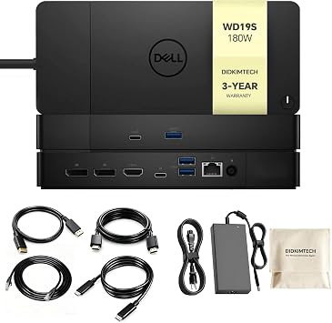 WD19S Dell Docking Station Dual Monitor, Dock Station with 180W Adapter, Cable Storage Bag & DIDKIMTCH Cables, 3-Year Warranty (New)