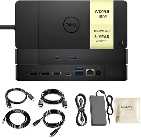 WD19S Dell Docking Station Dual Monitor, Dock Station with 180W Adapter, Cable Storage Bag & DIDKIMTCH Cables, 3-Year Warranty (New)