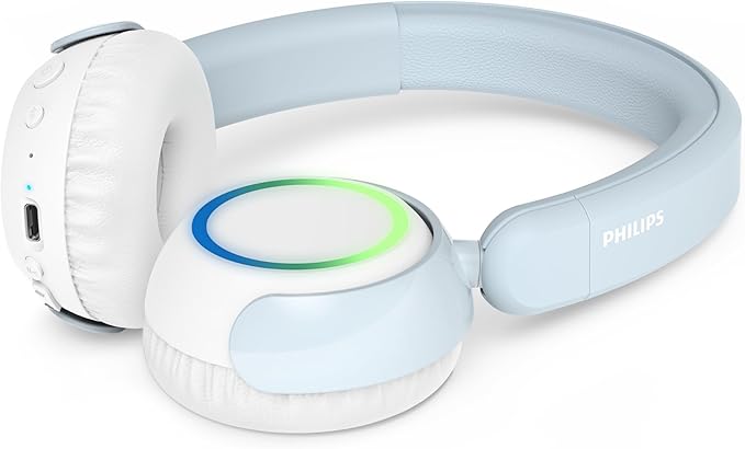 Philips K4200 Lightweight On-Ear Wireless Kids Headphones - Built-in Mic, LED Lights, Safe Volume Limited, Audio Sharing, Foldable & Durable, Blue