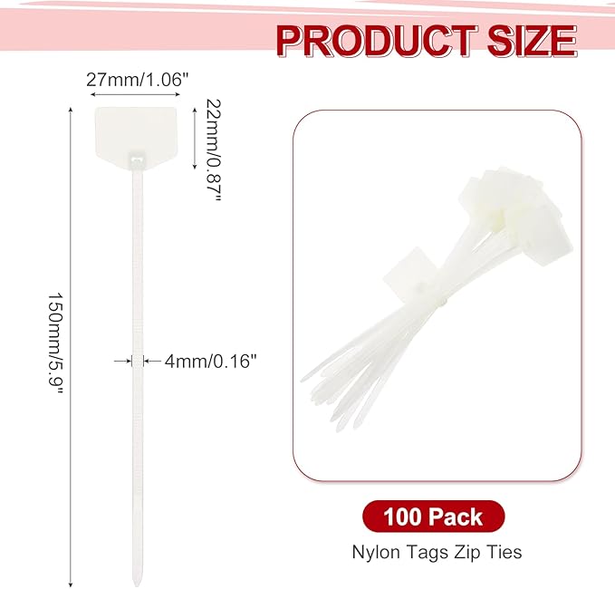 MECCANIXITY 100Pcs 6 Inch Waterproof Shipping Tags 0.16" Nylon Writable Hanging Tag Self Locking Labels Zip Tie Wraps for Indoor and Outdoor, White