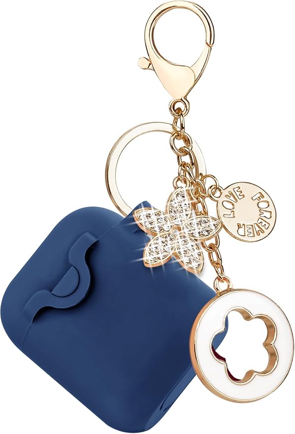 Secure Lock Silicone Case Compatible with AirPods Case 1 & 2 with Bling Keychain, Soft Protective Earpod Case Cover Earbuds Cases Women Girls for Apple Air Pod 2 Case - Midnight Blue