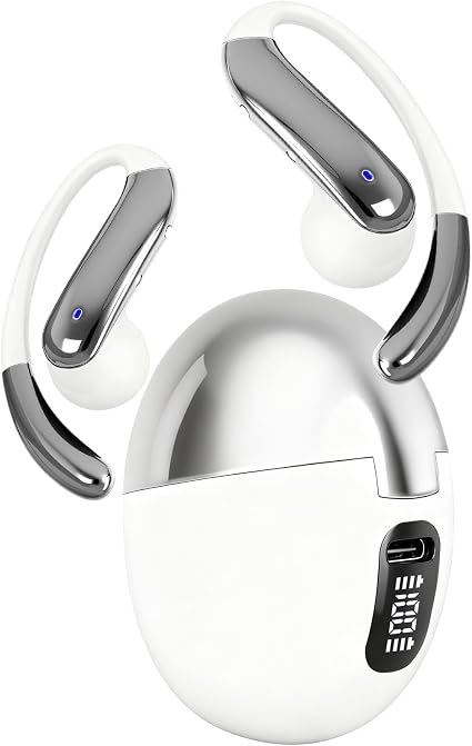 Open Ear Clip Wireless Earbuds Bone Conduction Headphones, Bluetooth 5.4, Open Ear Design, Built-in Mic, IPX7 Waterproof, LED Display Charging Case,Ear Hooks Ear Buds,Design for Running Walking