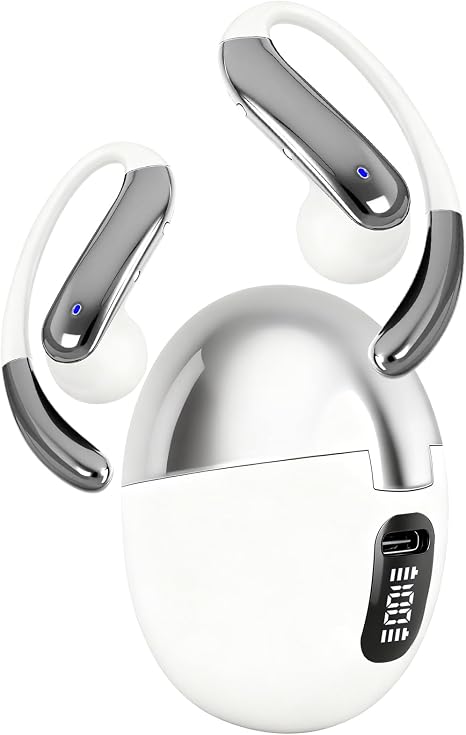 Open Ear Clip Wireless Earbuds Bone Conduction Headphones, Bluetooth 5.4, Open Ear Design, Built-in Mic, IPX7 Waterproof, LED Display Charging Case,Ear Hooks Ear Buds,Design for Running Walking