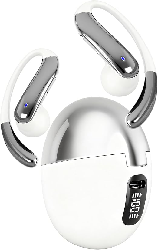 Open Ear Clip Wireless Earbuds Bone Conduction Headphones, Bluetooth 5.4, Open Ear Design, Built-in Mic, IPX7 Waterproof, LED Display Charging Case,Ear Hooks Ear Buds,Design for Running Walking