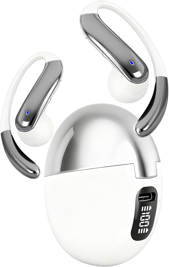 Open Ear Clip Wireless Earbuds Bone Conduction Headphones, Bluetooth 5.4, Open Ear Design, Built-in Mic, IPX7 Waterproof, LED Display Charging Case,Ear Hooks Ear Buds,Design for Running Walking
