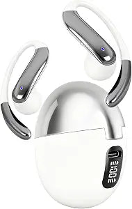 Open Ear Clip Wireless Earbuds Bone Conduction Headphones, Bluetooth 5.4, Open Ear Design, Built-in Mic, IPX7 Waterproof, LED Display Charging Case,Ear Hooks Ear Buds,Design for Running Walking