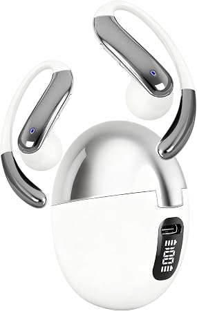 Open Ear Clip Wireless Earbuds Bone Conduction Headphones, Bluetooth 5.4, Open Ear Design, Built-in Mic, IPX7 Waterproof, LED Display Charging Case,Ear Hooks Ear Buds,Design for Running Walking