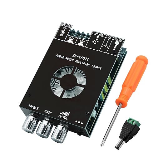 ZK-1602T 160W+160W Bluetooth Amplifier Board with Treble and Bass Control, 2.0 Channel Stereo Audio Mini Power Amplifier Board, TDA7498E Chip DC 15-36V, BT and AUX Inputs for DIY Wireless Speakers