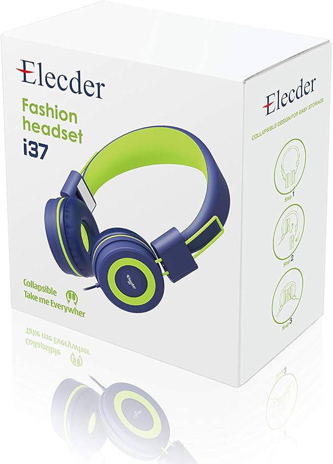 ELECDER i37 Kids Headphones Children Girls Boys Teens Foldable Adjustable On Ear Headphones 3.5mm Jack Compatible Cellphones Computer MP3/4 Kindle School Tablet Navy