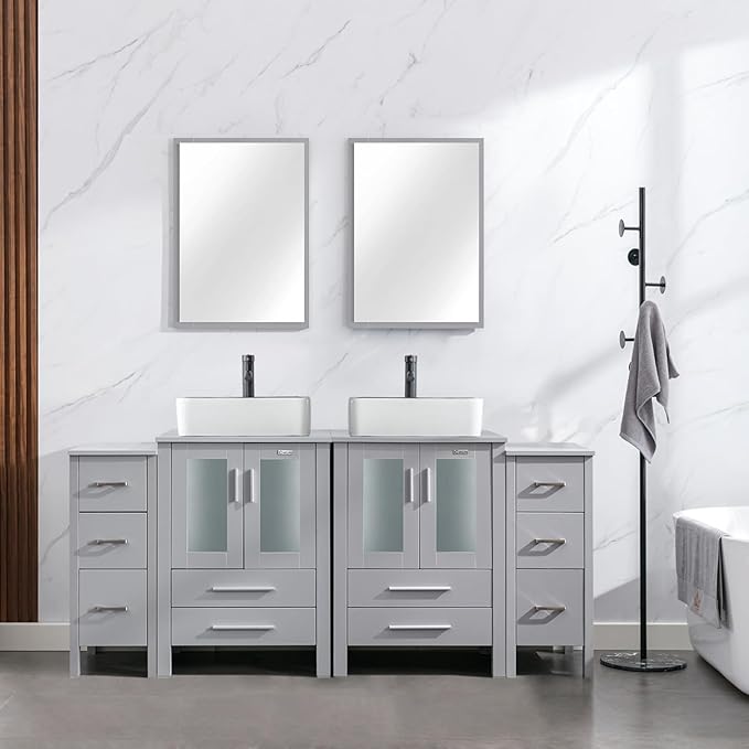 eclife 72" Modern Bathroom Vanity Sink Combo Freestanding Cabinet with Small Side Cabinet, White Black Ceramic Vessel Sink, Water Save Faucet, Drain (Gray+T03BK)