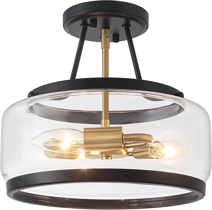 11.81" Black and Brushed Gold Close to Ceiling Light, 3-Light Modern Drum Light Fixtures, Hallway Ceiling Lights, Glass Ceiling Lamp for Entryway Bedroom Laundry Kitchen Dining Room Lighting UL-Listed