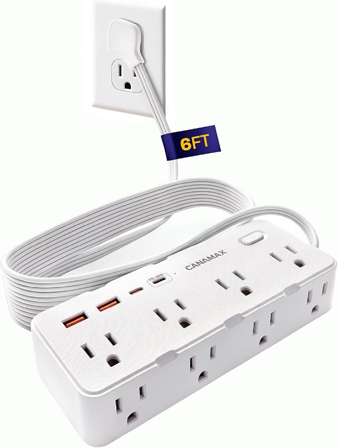 6 Ft Extension Cord Surge Protector Power Strip, Fast Charge 20W USB C, Flat Plug with 8 AC Outlets & 4 USB (2 USB C, 1 PD20W), 1050J Surge Protector, 1875W/13A, Wall Mountable for Home Office Dorm