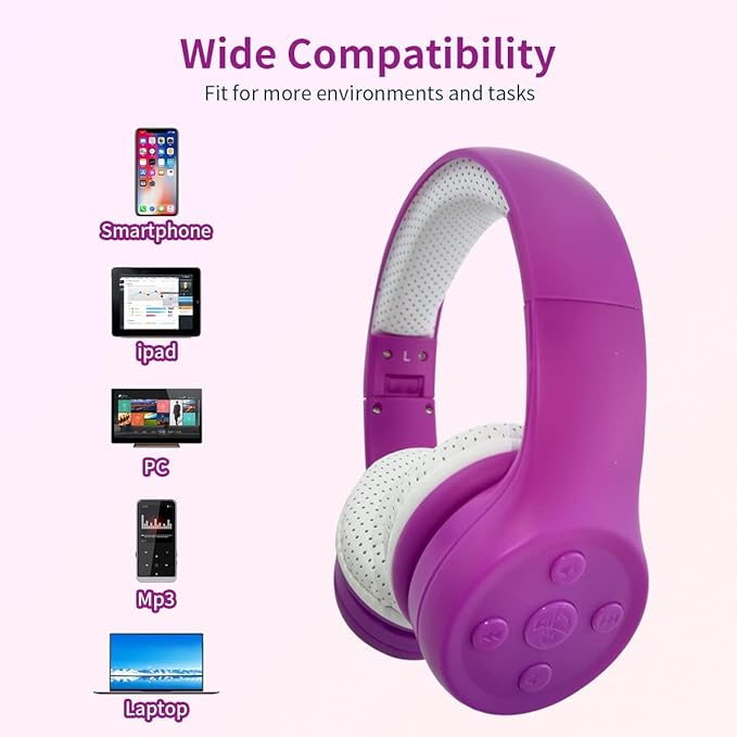 Girls Wireless Headphones, Bluetooth Kids Headphones,5 Button Easy Use, 93db Volume Limited with Built-in Mic for Cell Phones TV Tablet Amazon fire School Network Boys Girls (Purple)