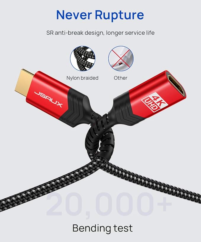 JSAUX HDMI Extension Cable 10FT, 4K 60Hz High Speed HDMI Extender Cord Male to Female Adapter Connector (HDR HDCP 2.2), Compatible with Roku TV Streaming Stick, Bluray Player, HDTV, Laptop, PC - Red