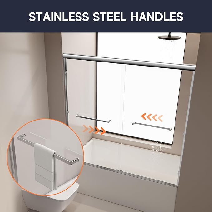 Bathtub Shower Door, 50-60" W x 57" H Shower Glass Door, Semi-Frameless Double Sliding Bathroom Tub Shower Door with 1/4 inch Clear Tempered Glass, Chrome