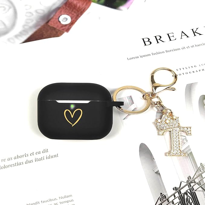 Compatible with AirPods Pro 3 Case Cover (2025), Soft Silicone Case with Gold Heart Pattern for AirPods Pro 3rd Generation Case with Rhinestone Studded Letter A-Z Keychain (T Black)