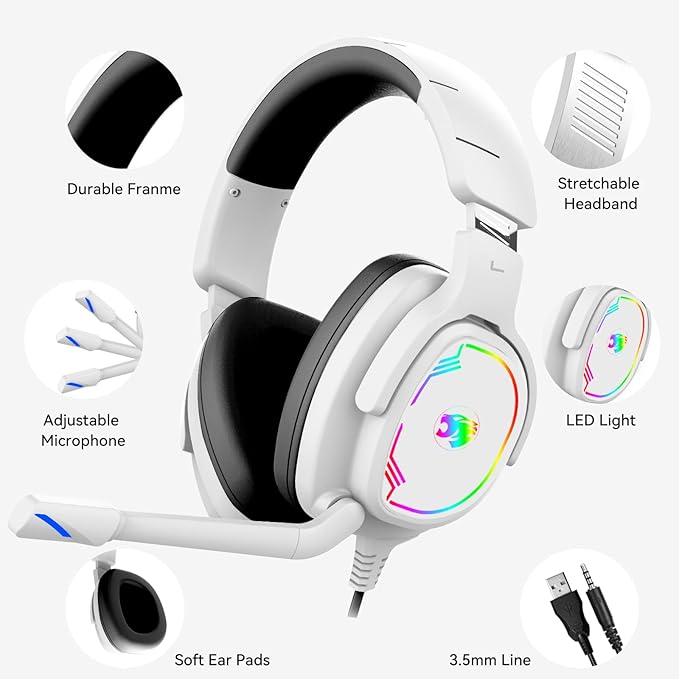 Gaming Headset for PC/PS4/PS5/Xbox One/Switch, Stereo Surround Sound Gaming Headphones with Noise Canceling Flexible Mic, Computer Headset with 3.5mm Jack & RGB Light(White)