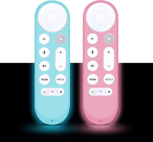 [2-Pack] HZIME New Replacement Remote Control Cover Compatible for Google TV Streamer 4K TV GY3LE Voice Remote, Silicone Controller Case Sleeve (Glow-in-The-Dark，Blue/Pink)