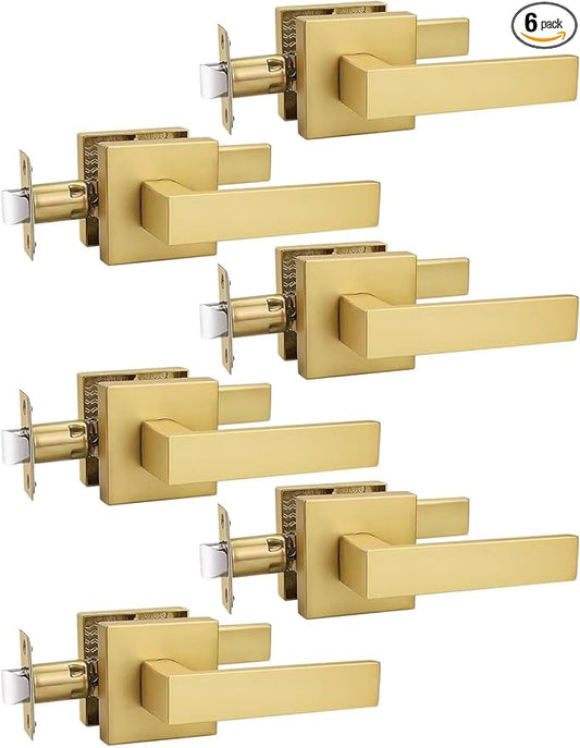 6 Pack Gold Keyless Square Levers Handles, Satin Brass Finish, Interior Passage Door Locksets for Hall Closet Door Knobs Lock Reversible Right & Left Handed