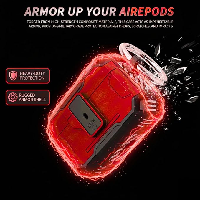 for AirPods Pro 3 Case, Secure Lock Magnetic Lid Cover with Keychain, Military Grade Shockproof Protective Case for Airpods Pro 3rd, Wireless Charging & Front LED Visible, Red Black02