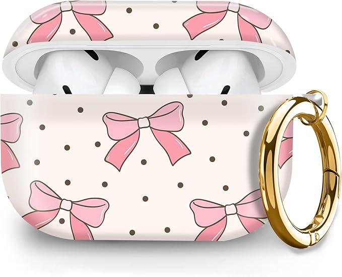 Cute Hard Case Compatible with AirPods Pro 2nd/1st Generation, Protective Cover with Golden Keychain, Fits 2023/2022/2019 Models, for Women, Girls, and Men(Pink Bows with Polkadot