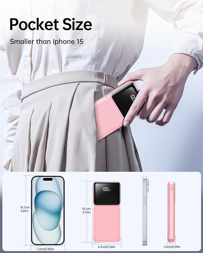 Portable Charger with Built in Cable - Power Bank Fast Charging USB C LED Display 10000mah Battery Pack 5 Outputs & 3 Inputs for Travel Essentials iPhone Samsung Android Phones Tablets Pink