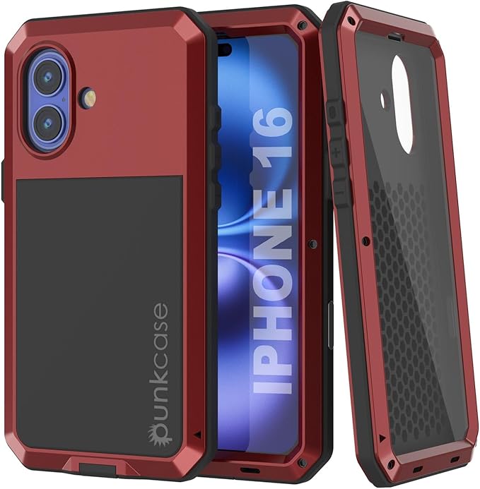 Punkcase for iPhone 16 Metal Case | Heavy Duty Military Grade Armor Cover | Hard Aluminum & TPU Design W/Tempered Glass Screen Protector for iPhone 16 (6.1") (2024) [Red]
