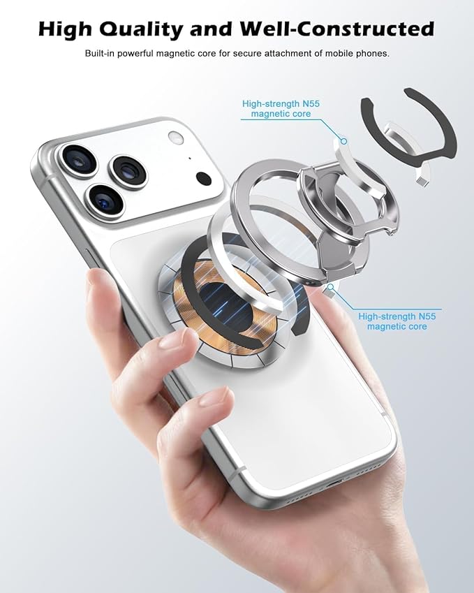 CloudValley for Magsafe Phone Grip Holder - Adjustable Dual-Sided Magnetic Finger Ring Stand 4-in-1, Compatible with iPhone 17/16-12 & MagSafe Car Mounts