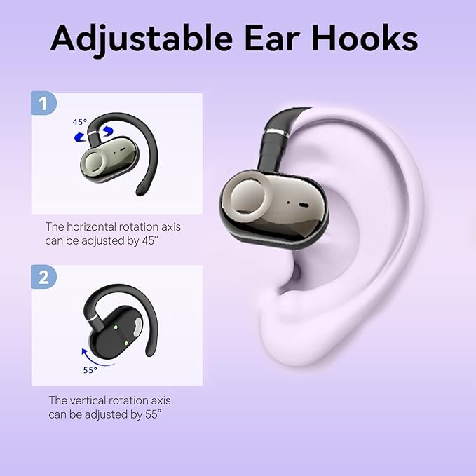 Purple Over Open Ear Earbuds Headphones Bluetooth Wireless Outside Out of Ear Buds Hook for Runners Wrap Around Ears Air Bone Conduction Headsets Workout Sports Eabuds Earphones with Earhooks