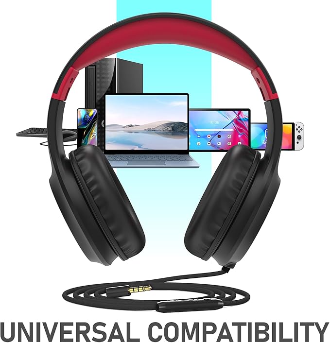 FosPower Kids Headphones with 3.5mm Laced Cables, Children & Teens Over The Ear Foldable Adjustable Headset w/Built-in Mic for Smartphones/PC/Tablet/Laptop/School (Max Volume 85dB) - Black/Red